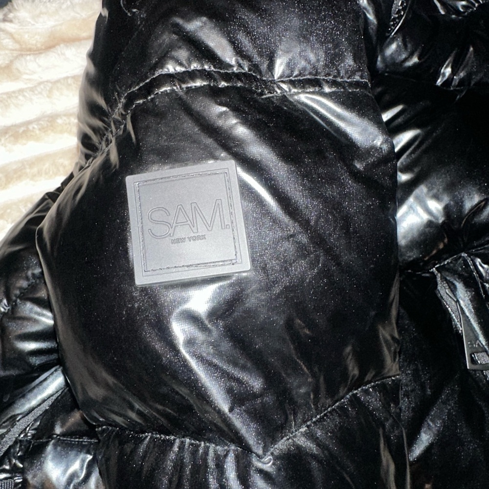 New SAM. Nikki Quilted Down Puffer Lamb Shearling Trim Glossy Black Coat Size S - Picture 9 of 16
